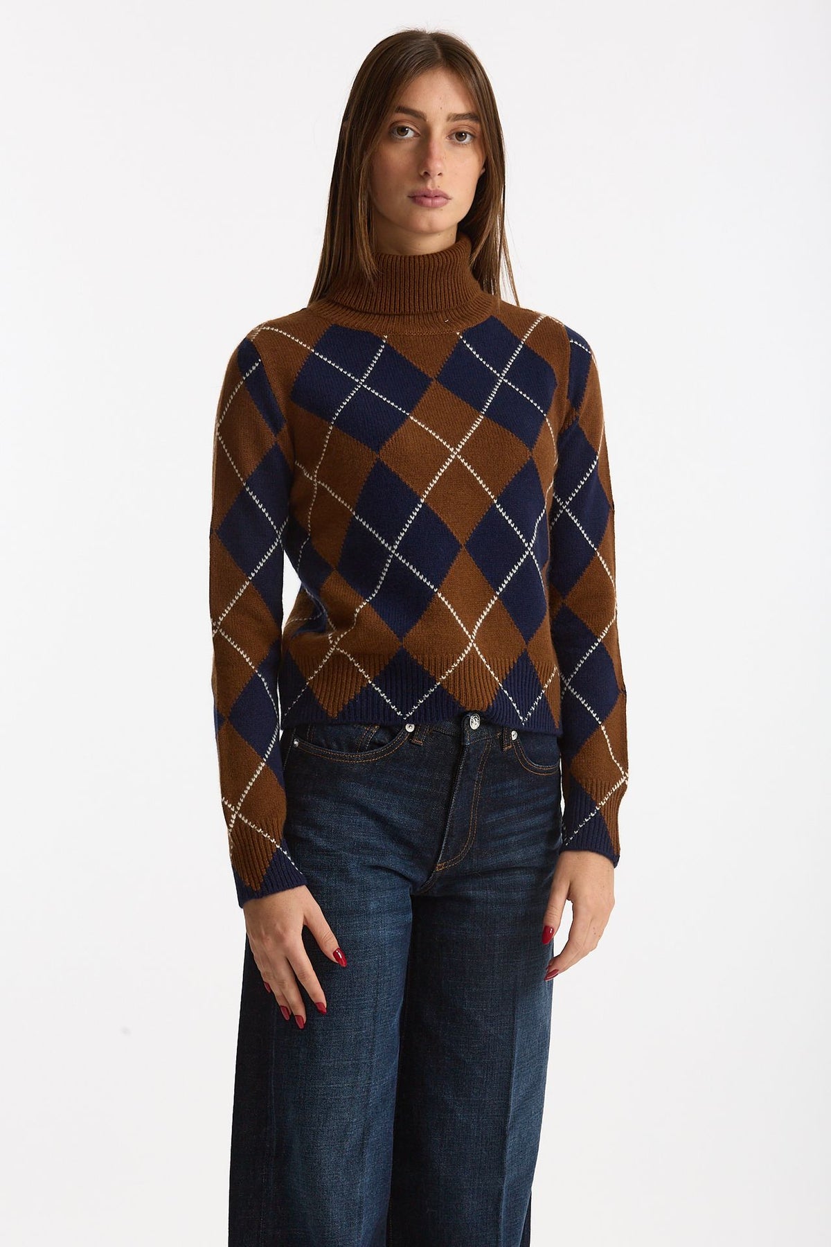 Maglia dolcevita in cashmere a due fili a rombi blue/tabacco women Be you - 5