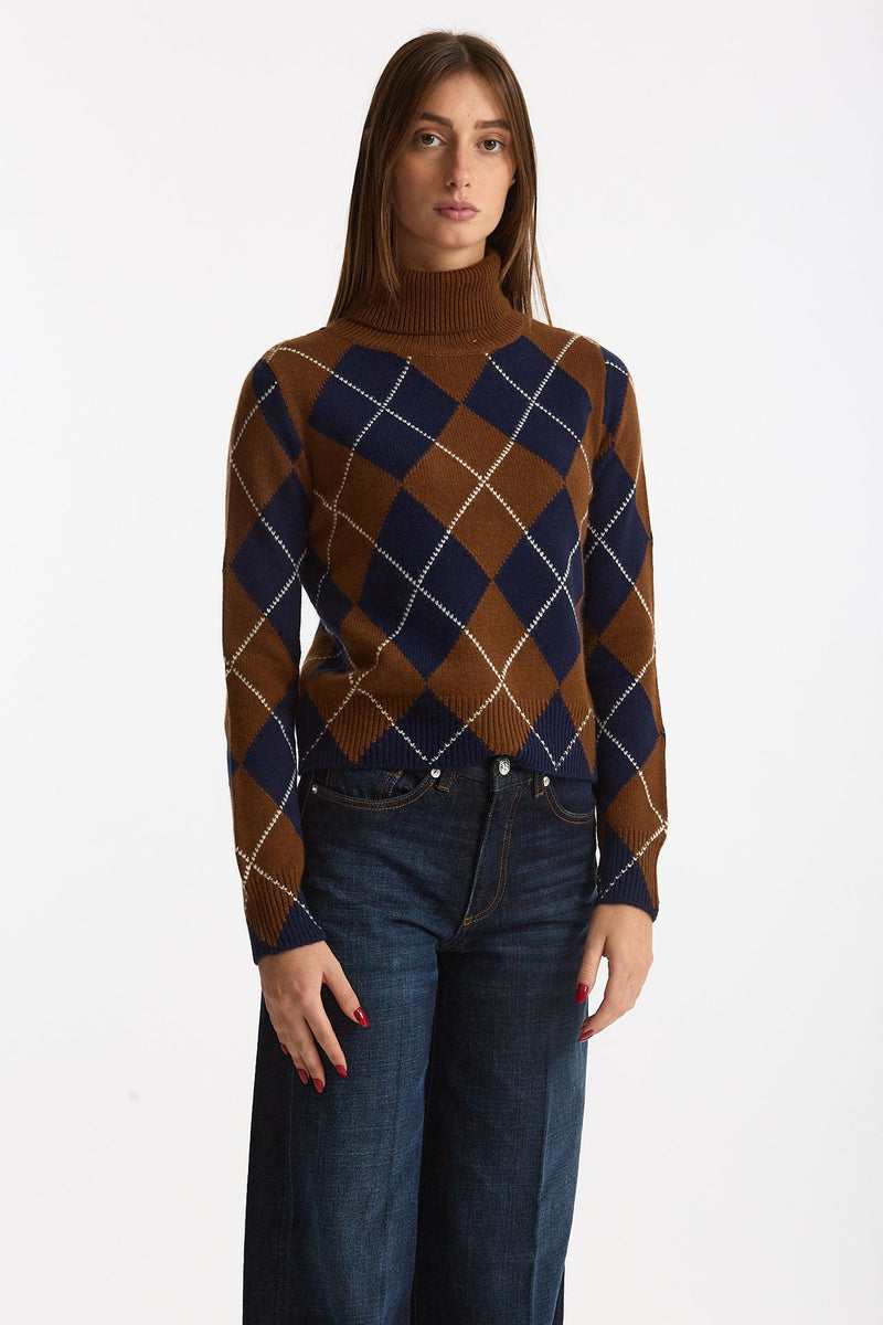 Maglia dolcevita in cashmere a due fili a rombi blue/tabacco women Be you - 5