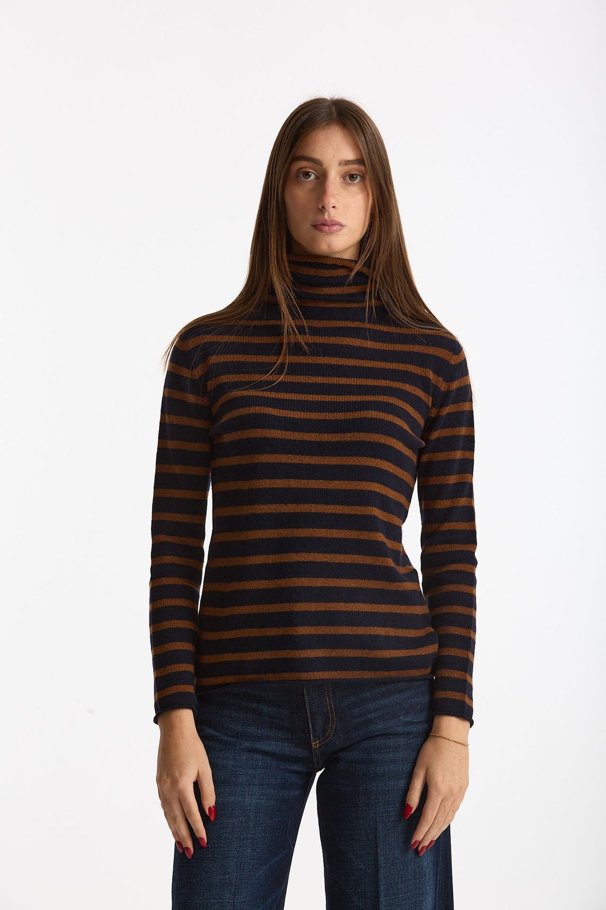 Maglia dolcevita rigata in cashmere tabacco e blu women Be you - 1