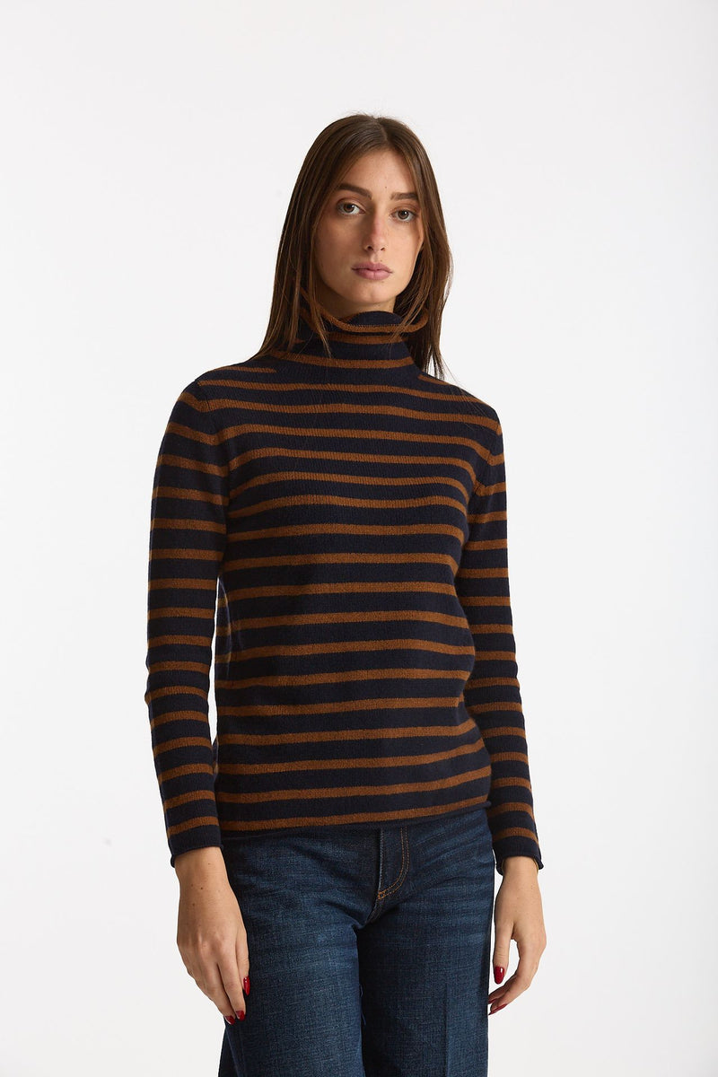 Maglia dolcevita rigata in cashmere tabacco e blu women Be you - 3