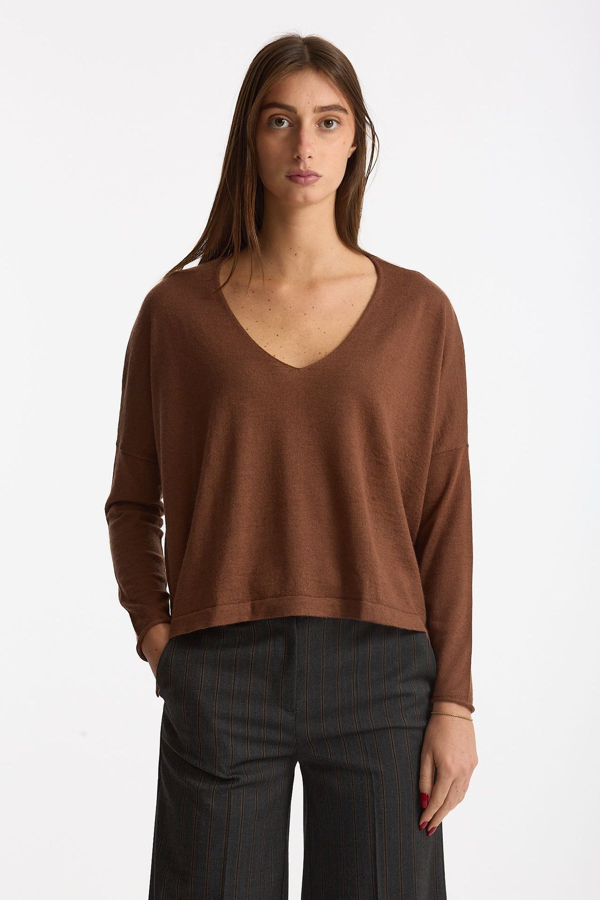 Maglia scollo a v in cashmere e seta tabacco women Be you - 2