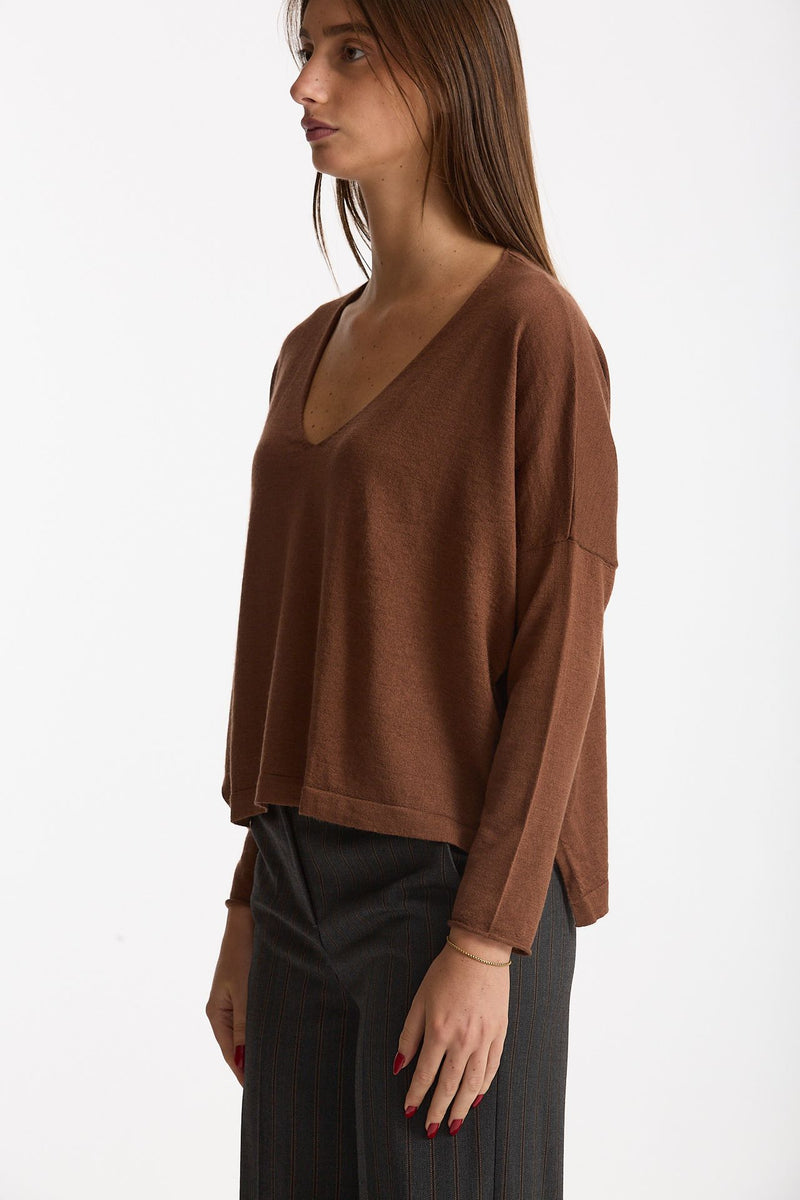 Maglia scollo a v in cashmere e seta tabacco women Be you - 3