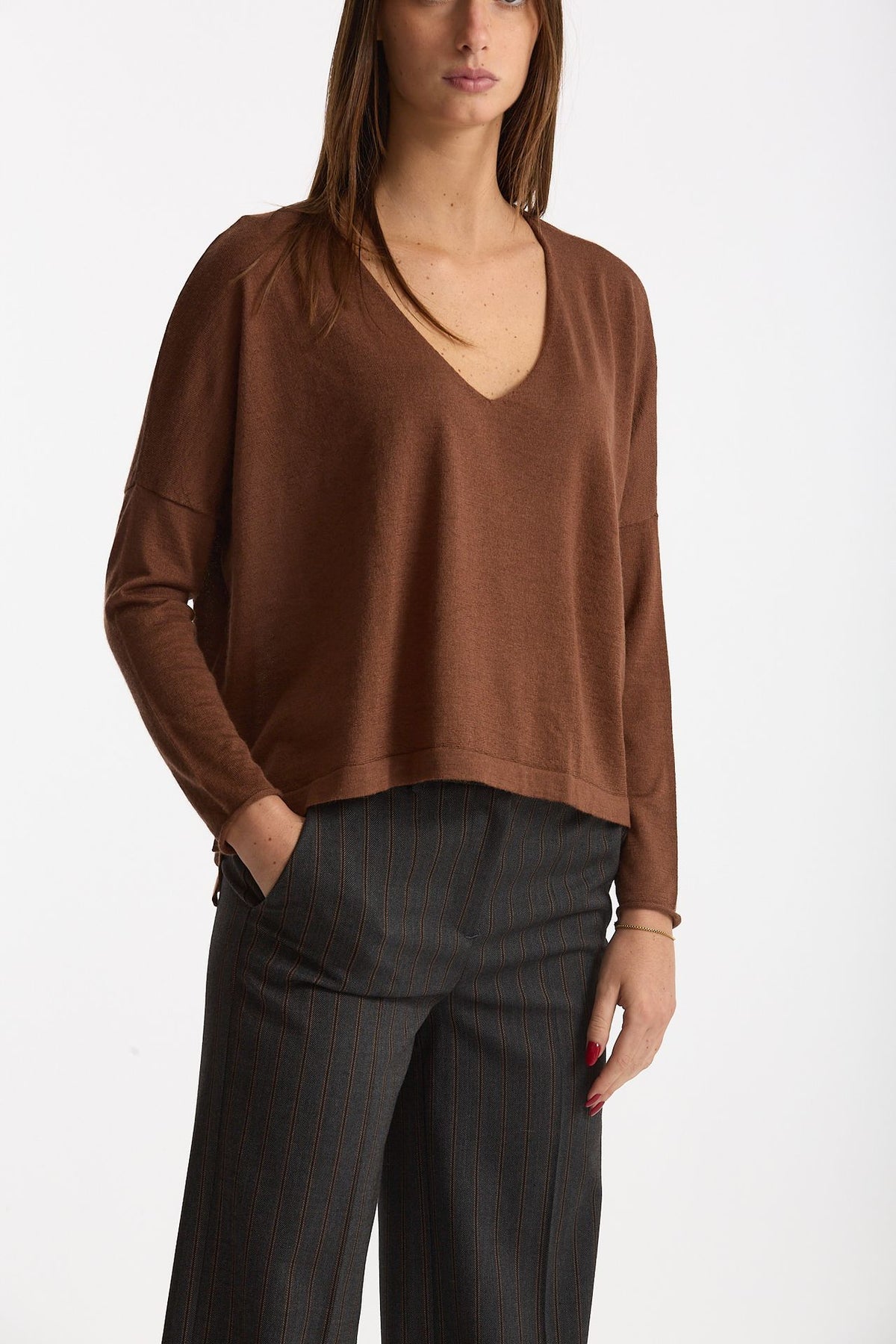Maglia scollo a v in cashmere e seta tabacco women Be you - 1