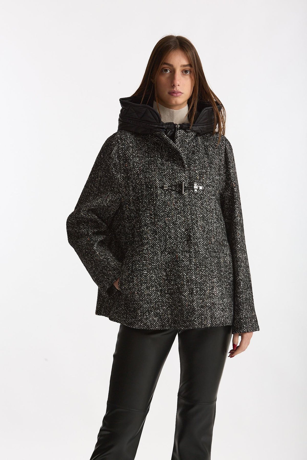 Cappa spigato in lana Mélange nero e bianco women Fay - 3
