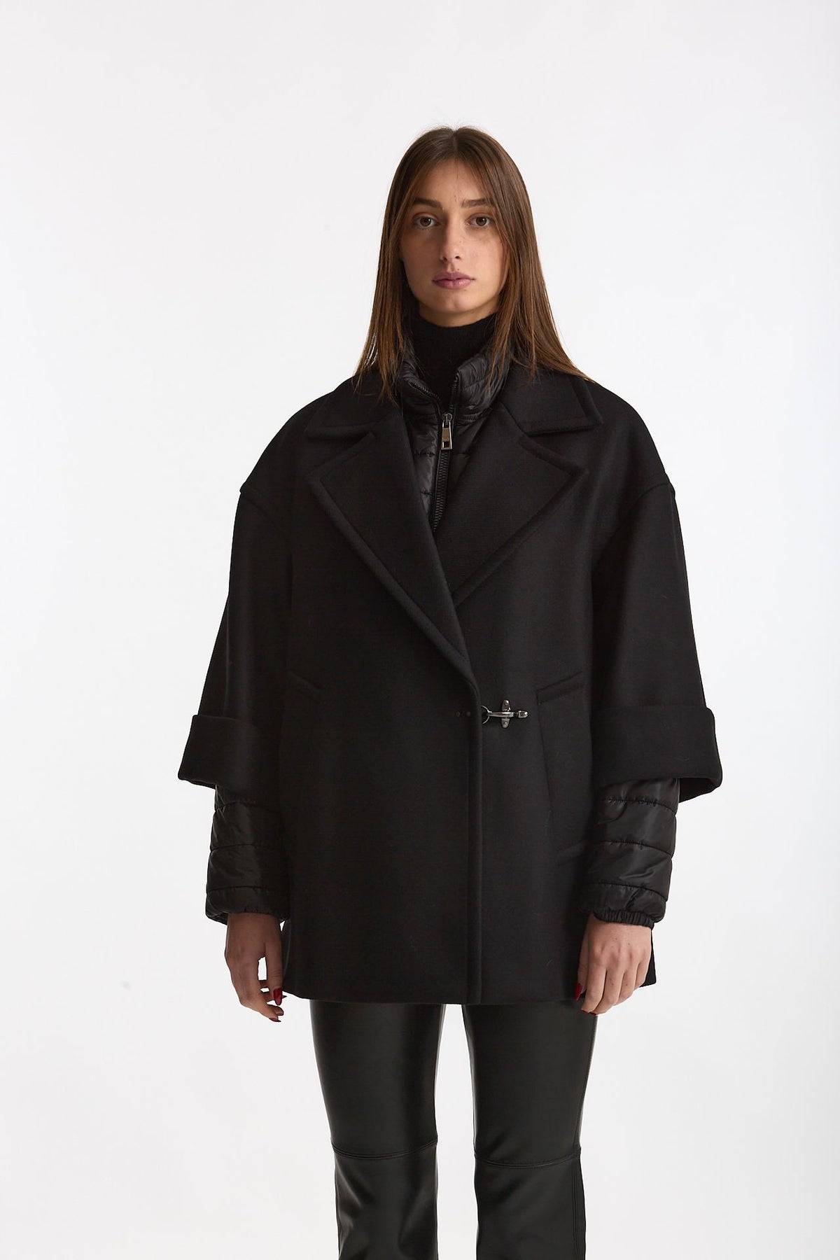 Cappa over in lana con giubbino in nylon nero women Fay - 1