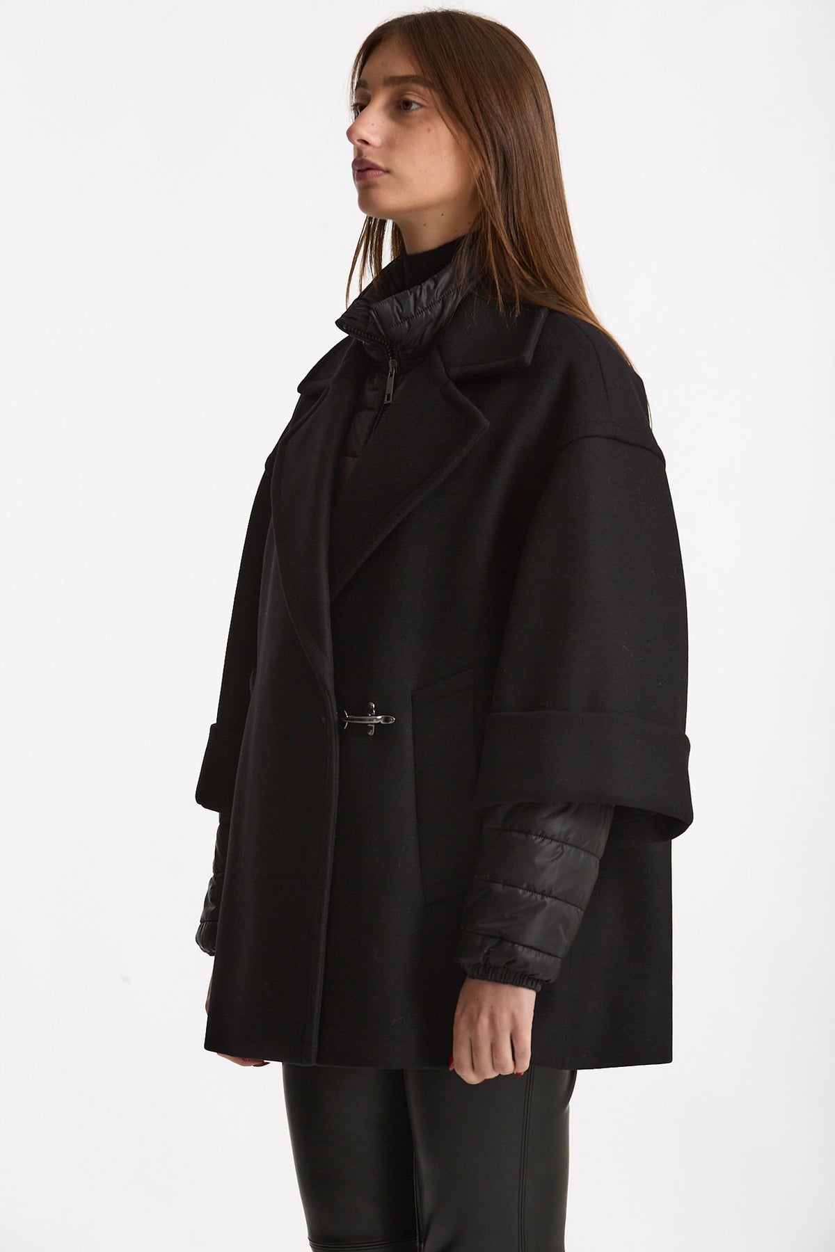Cappa over in lana con giubbino in nylon nero women Fay - 2
