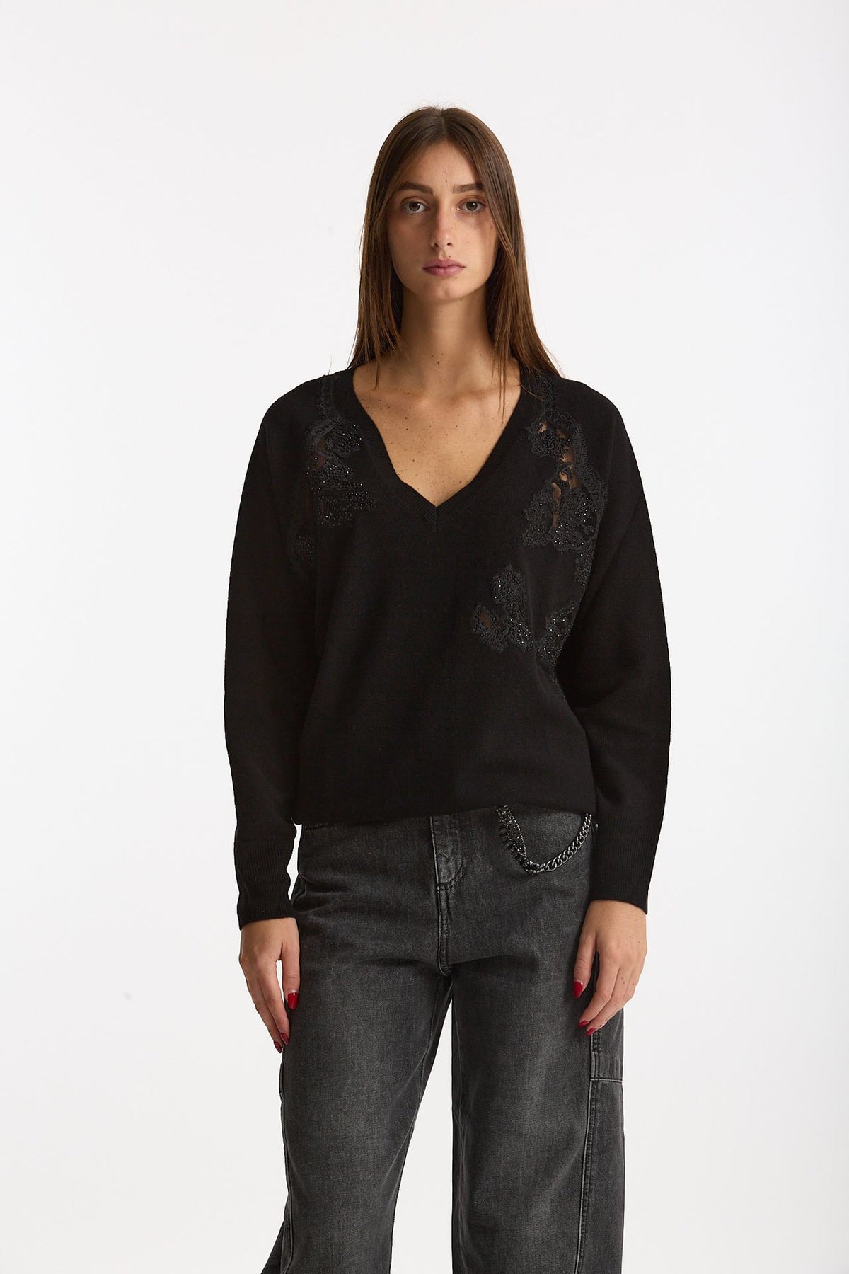 Maglia scollo a V applicazioni nero women Ermanno firenze - 3