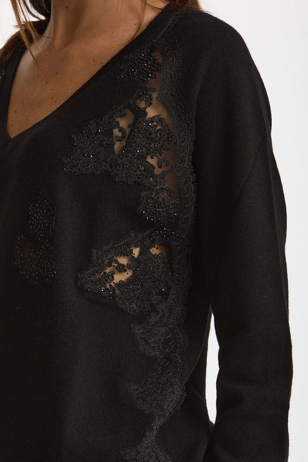 Maglia scollo a V applicazioni nero women Ermanno firenze