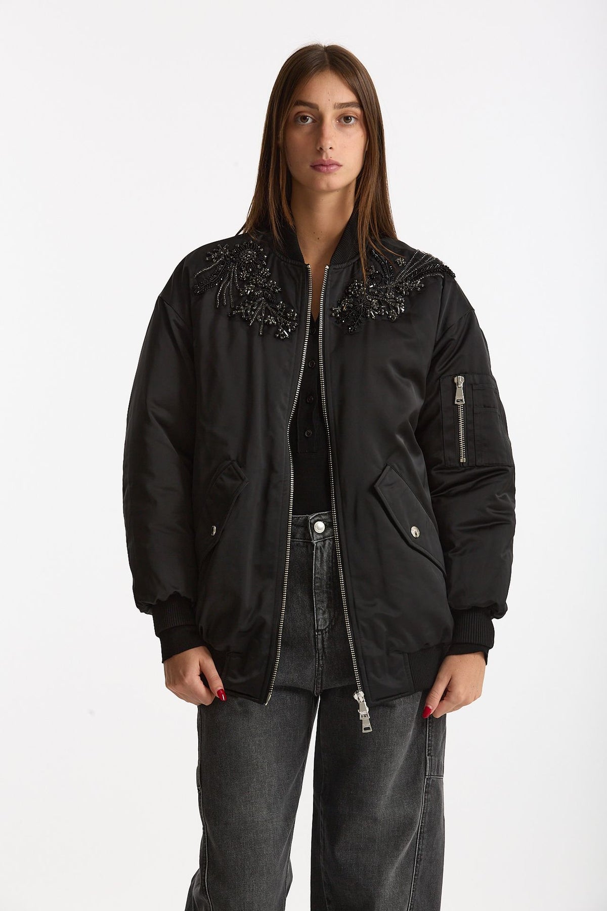 Bomber imbottito in raso con ricami gioiello nero women Ermanno firenze - 1