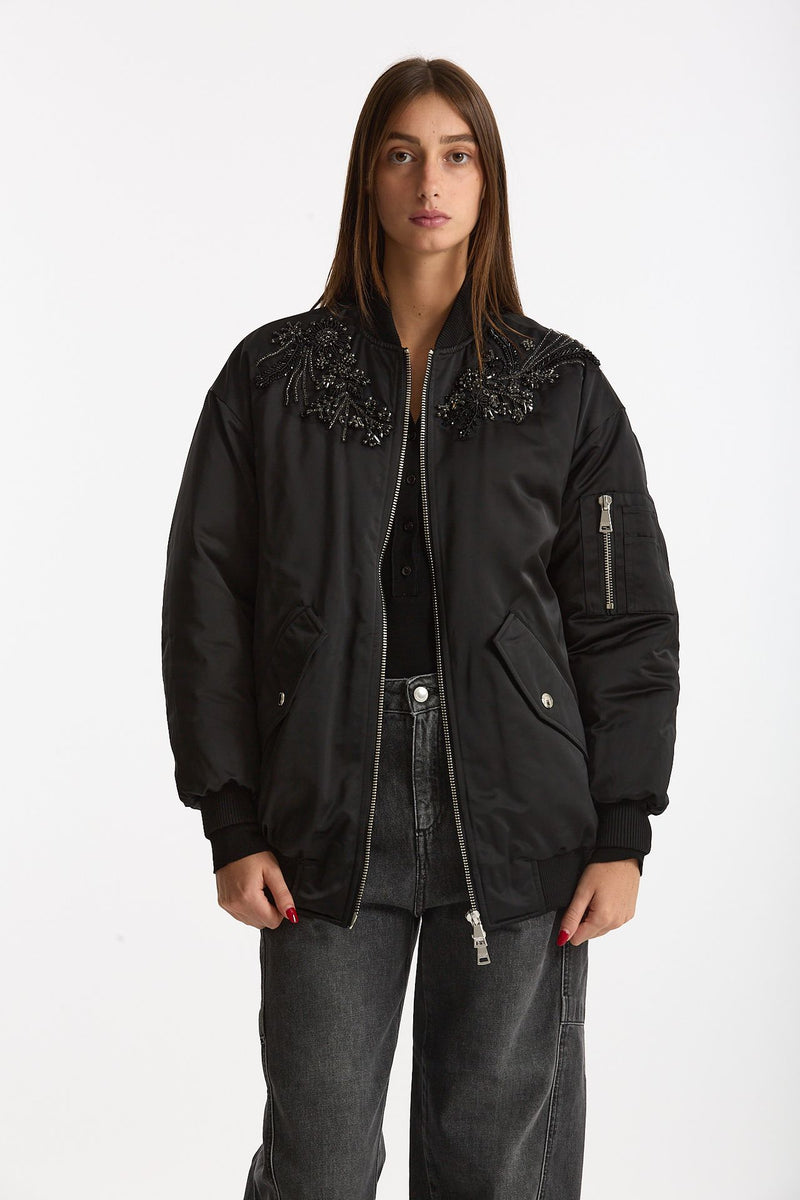 Bomber imbottito in raso con ricami gioiello nero women Ermanno firenze - 1
