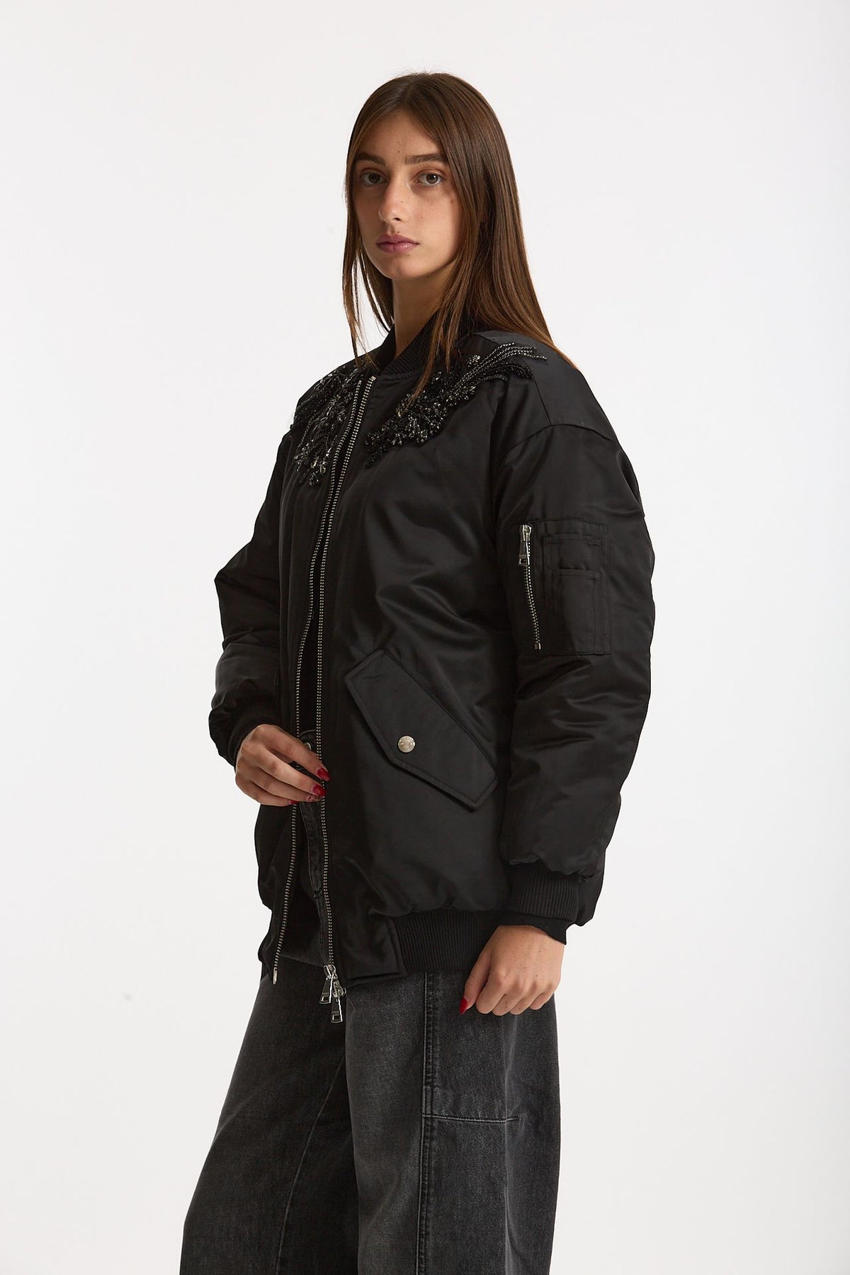 Bomber imbottito in raso con ricami gioiello nero women Ermanno firenze - 2