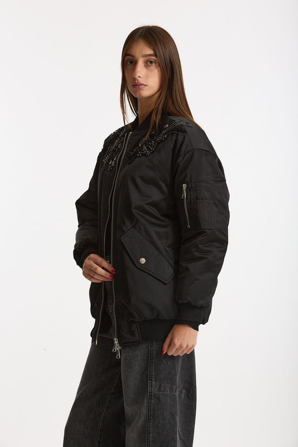Bomber imbottito in raso con ricami gioiello nero women Ermanno firenze