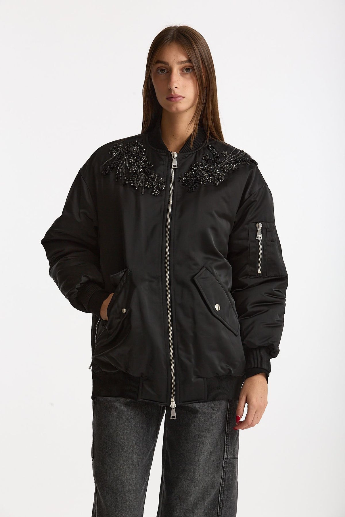 Bomber imbottito in raso con ricami gioiello nero women Ermanno firenze - 8
