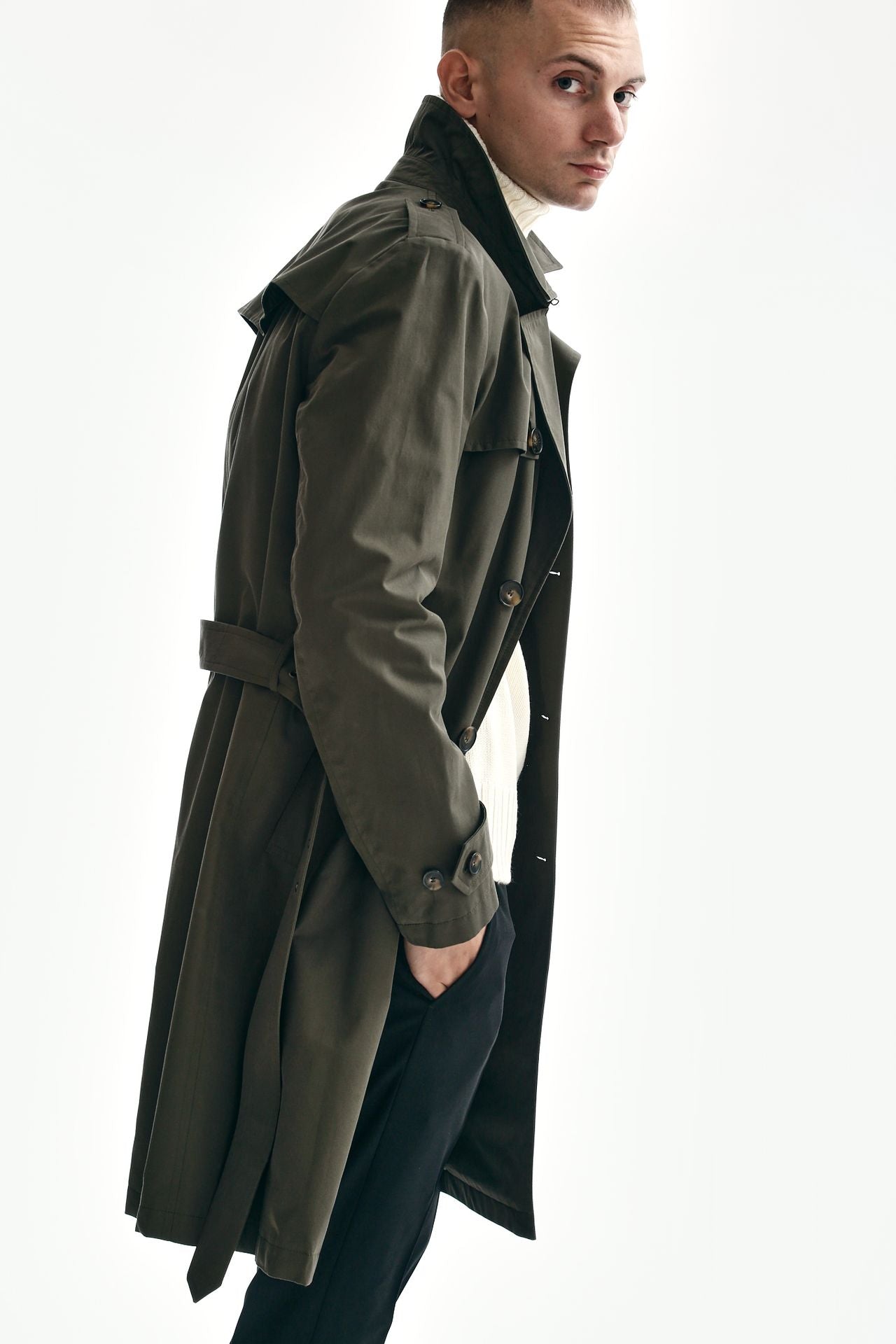 trench in cotone tecnico verde militare men L'impermeabile - 4