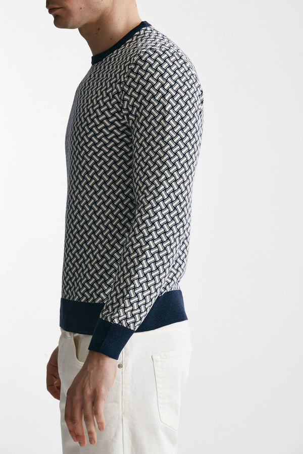 maglia in cotone e lino girocollo fantasia bianco e blu men Drumohr