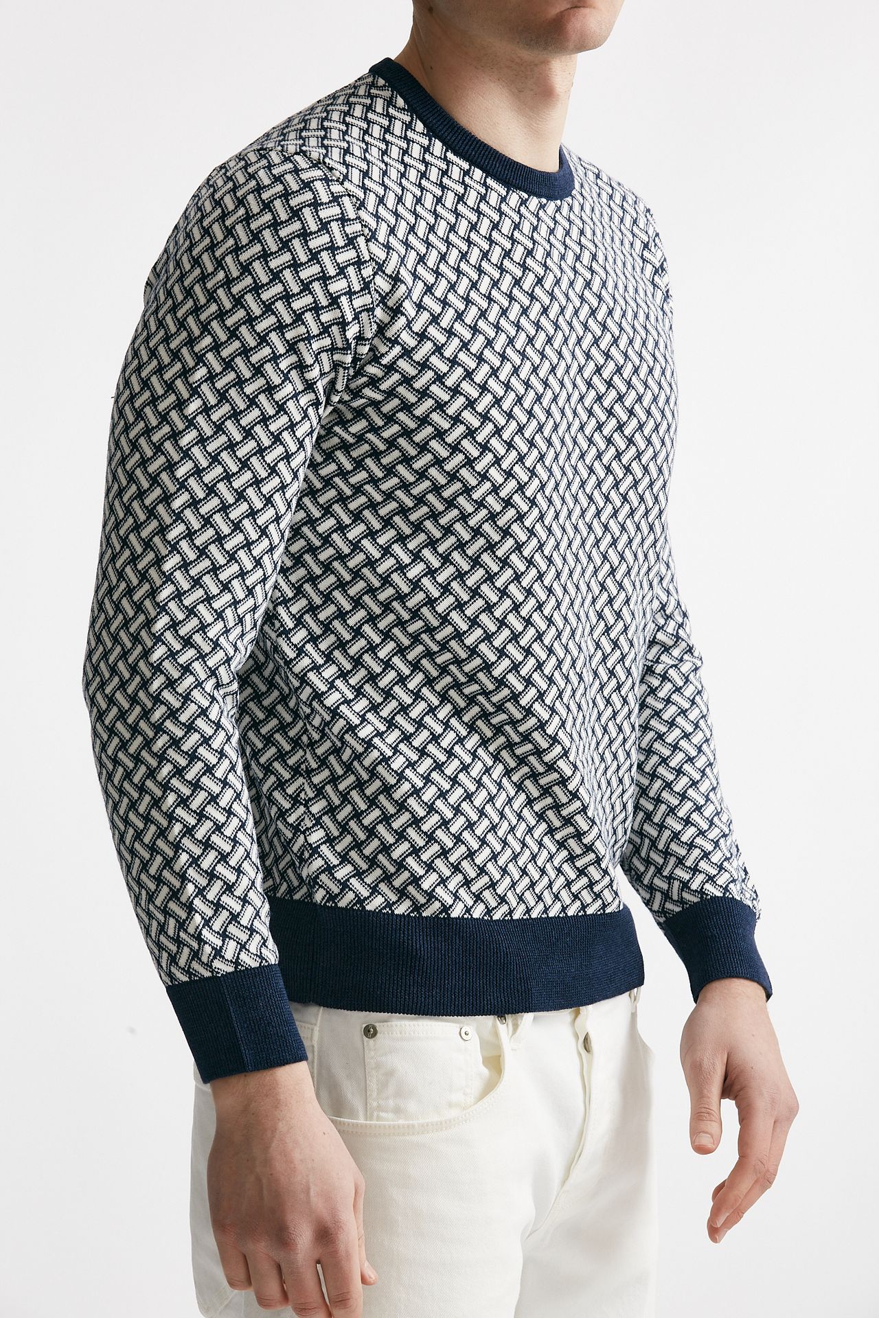 maglia in cotone e lino girocollo fantasia bianco e blu men Drumohr - 4