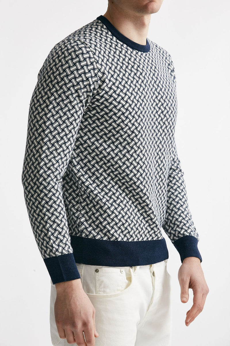 maglia in cotone e lino girocollo fantasia bianco e blu men Drumohr - 4
