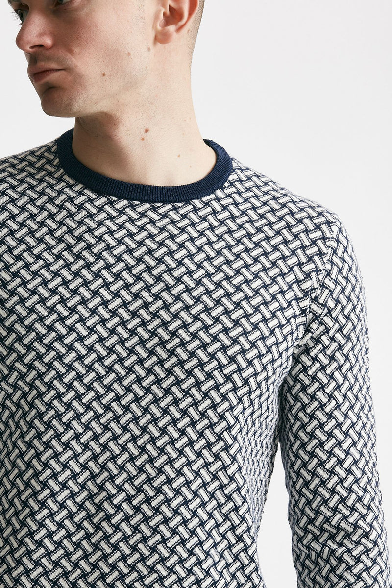 maglia in cotone e lino girocollo fantasia bianco e blu men Drumohr - 5