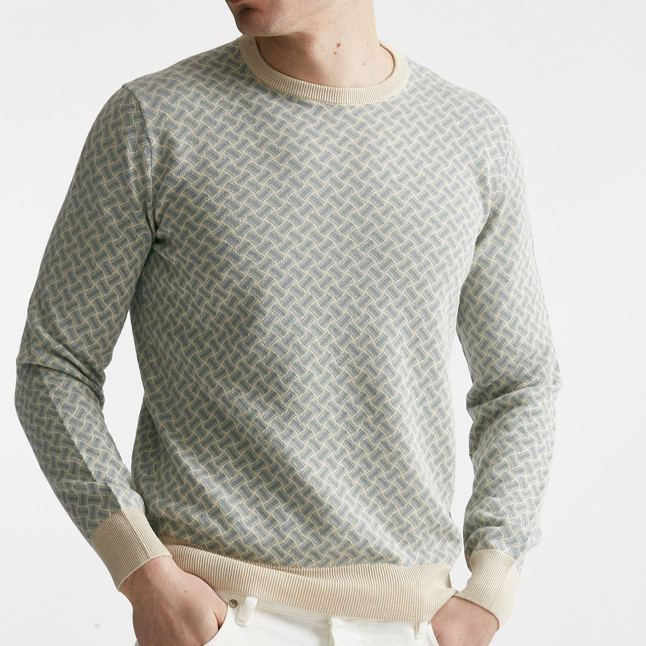 maglia in cotone e lino fantasia panna e azzurro men Drumohr - 7