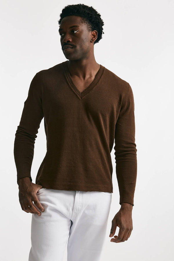 maglia scollo v in lino e cotone tabacco men Grifoni