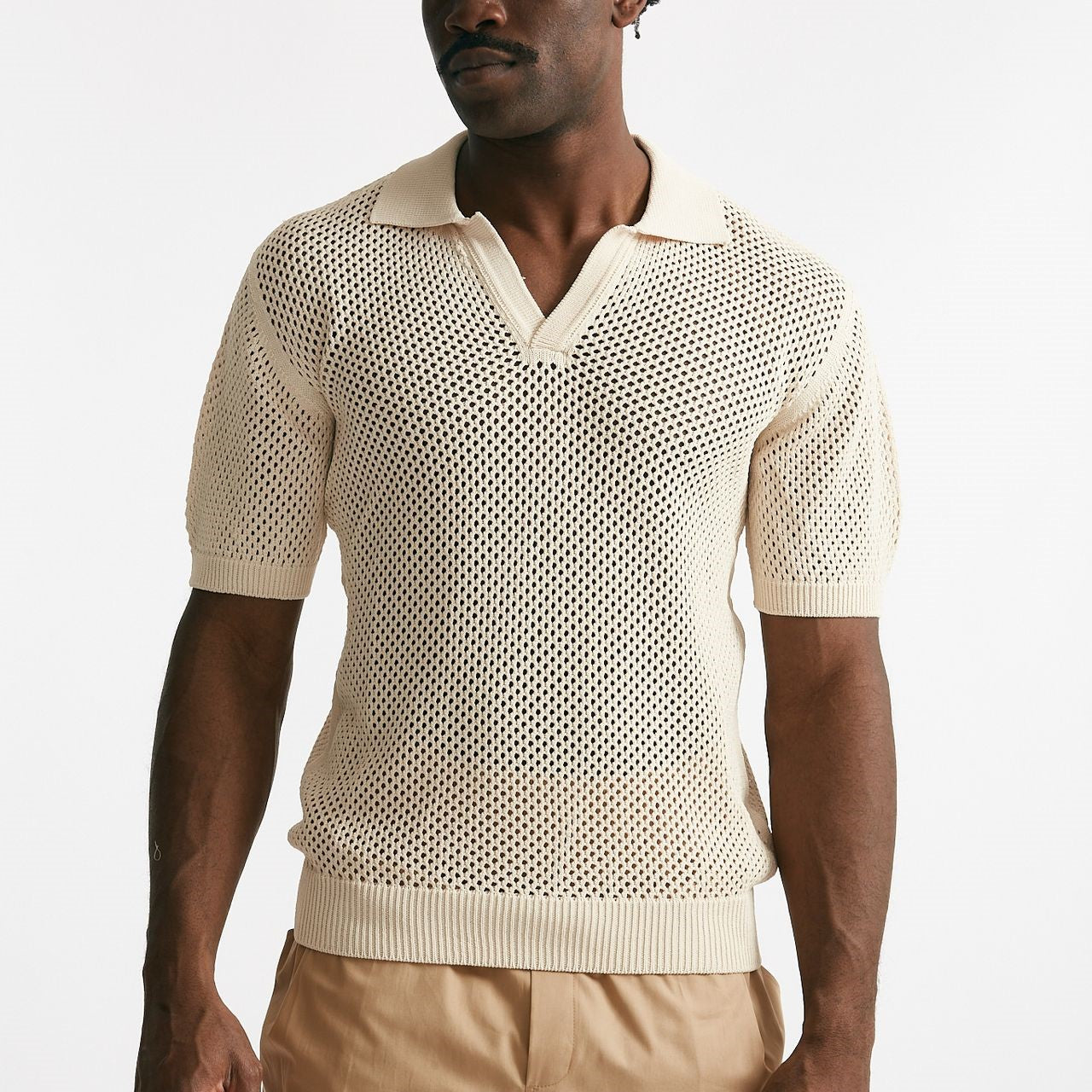 polo traforata in cotone e viscosa panna men Laneus - 7