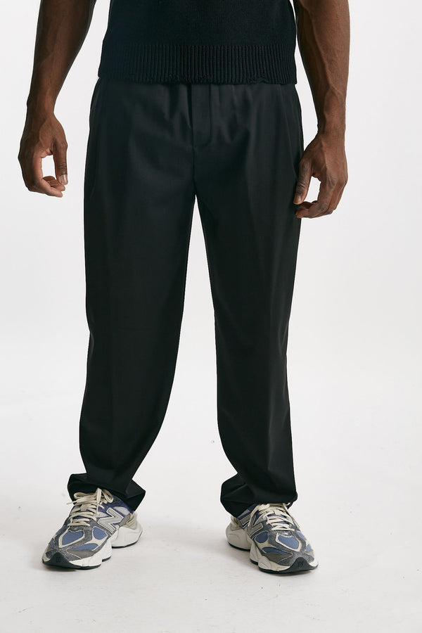 pantalone gamba ampia in lana stretch nero men Laneus