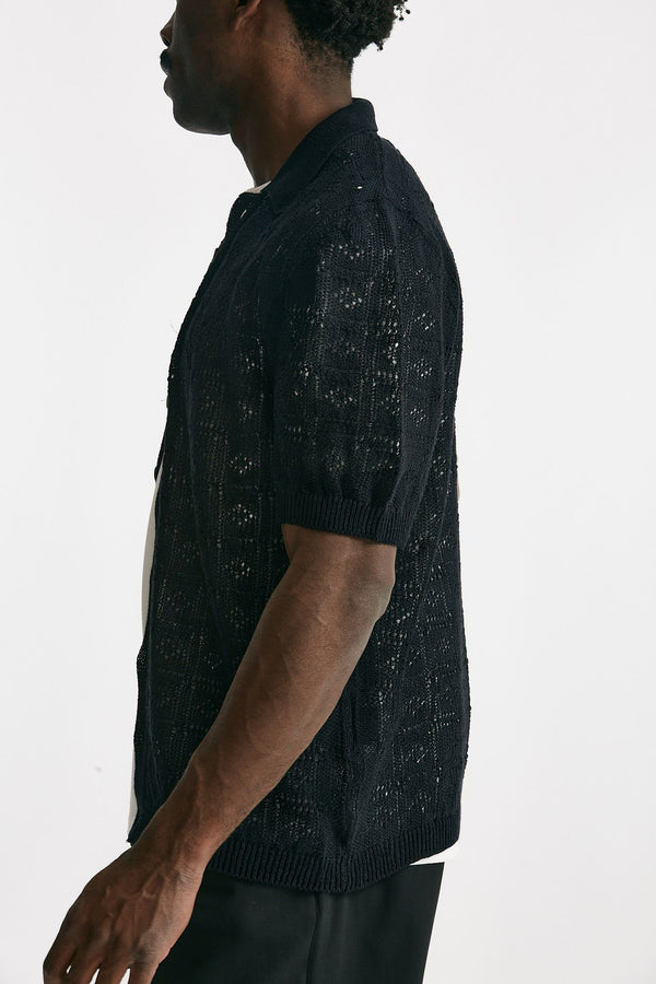 polo camicia traforata in cotone e lino nero men Laneus