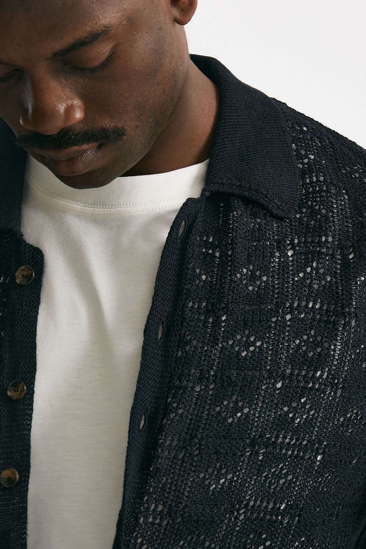 polo camicia traforata in cotone e lino nero men Laneus - 5