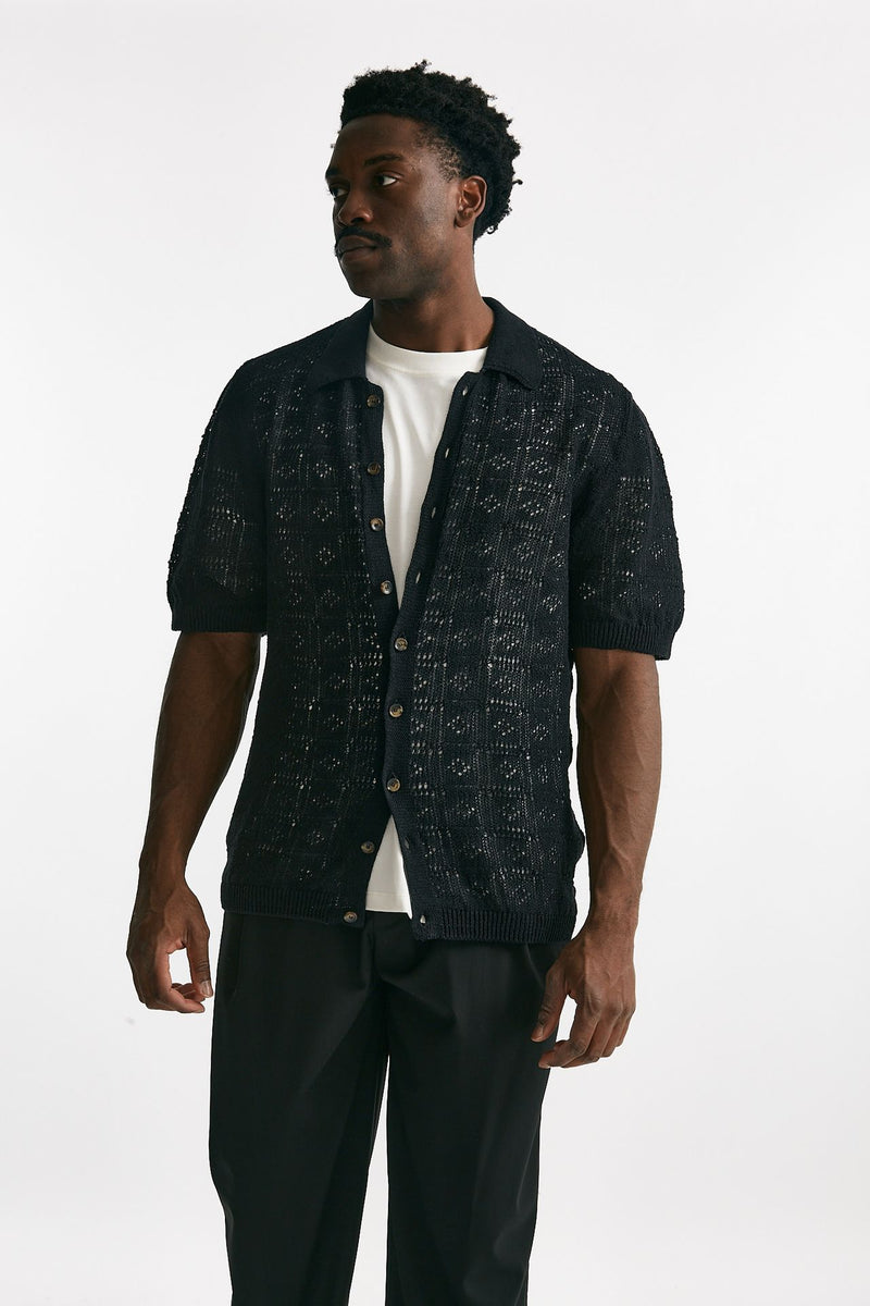 polo camicia traforata in cotone e lino nero men Laneus - 8