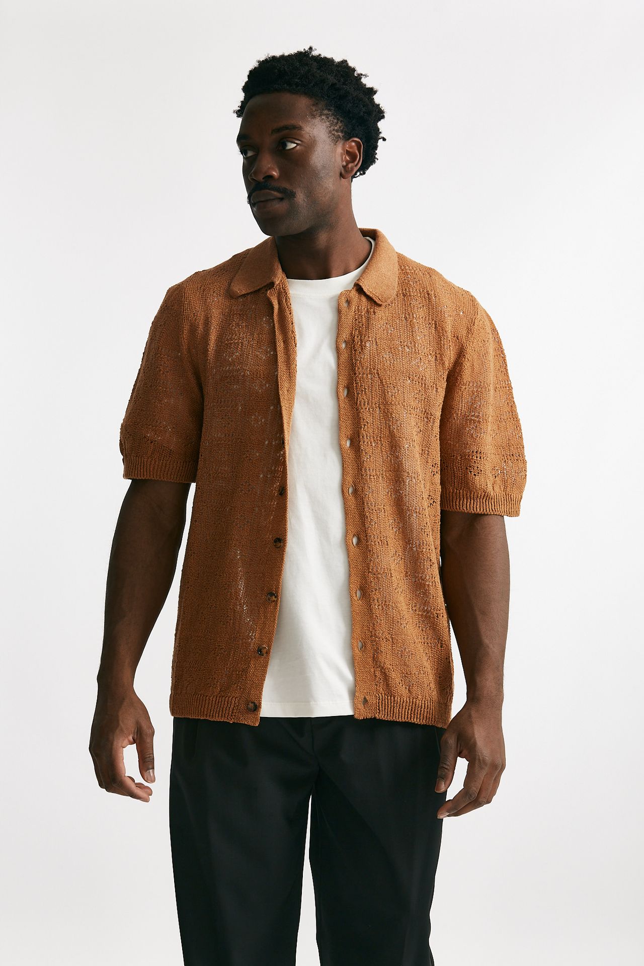 polo camicia traforata in cotone e lino ocra men Laneus - 1