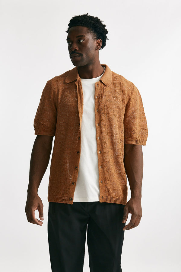 polo camicia traforata in cotone e lino ocra men Laneus