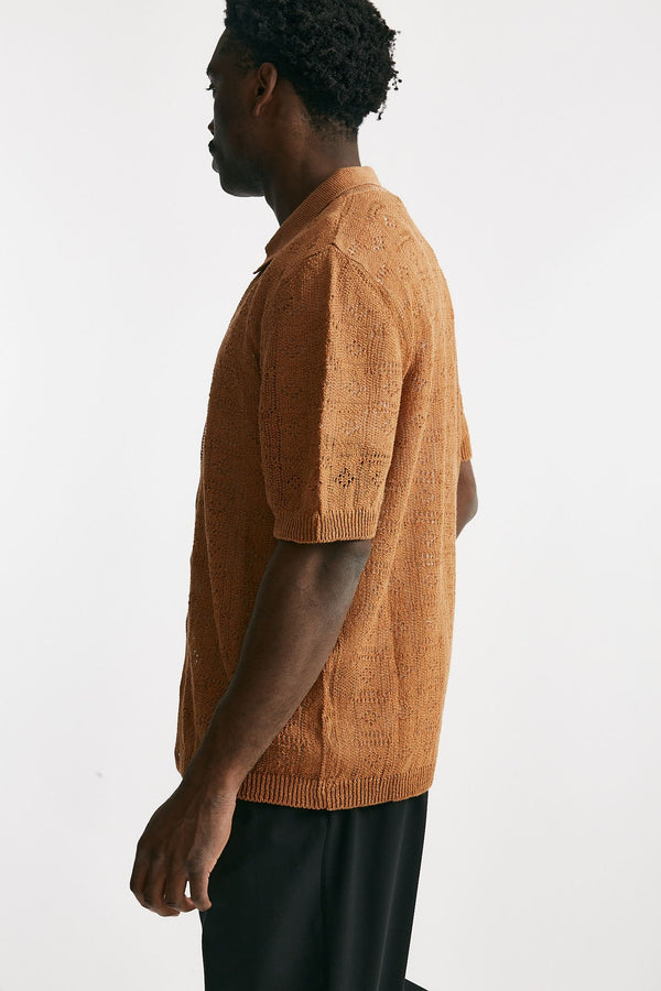 polo camicia traforata in cotone e lino ocra men Laneus