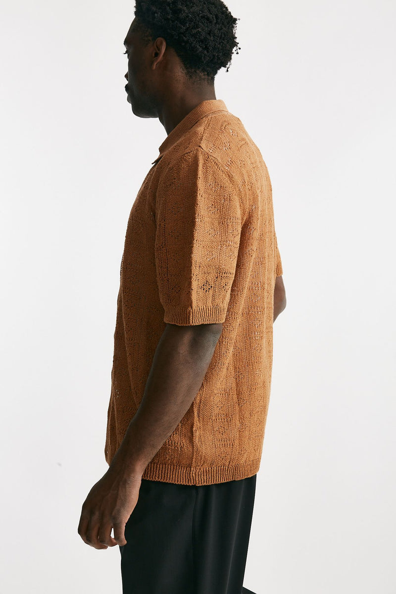 polo camicia traforata in cotone e lino ocra men Laneus - 2