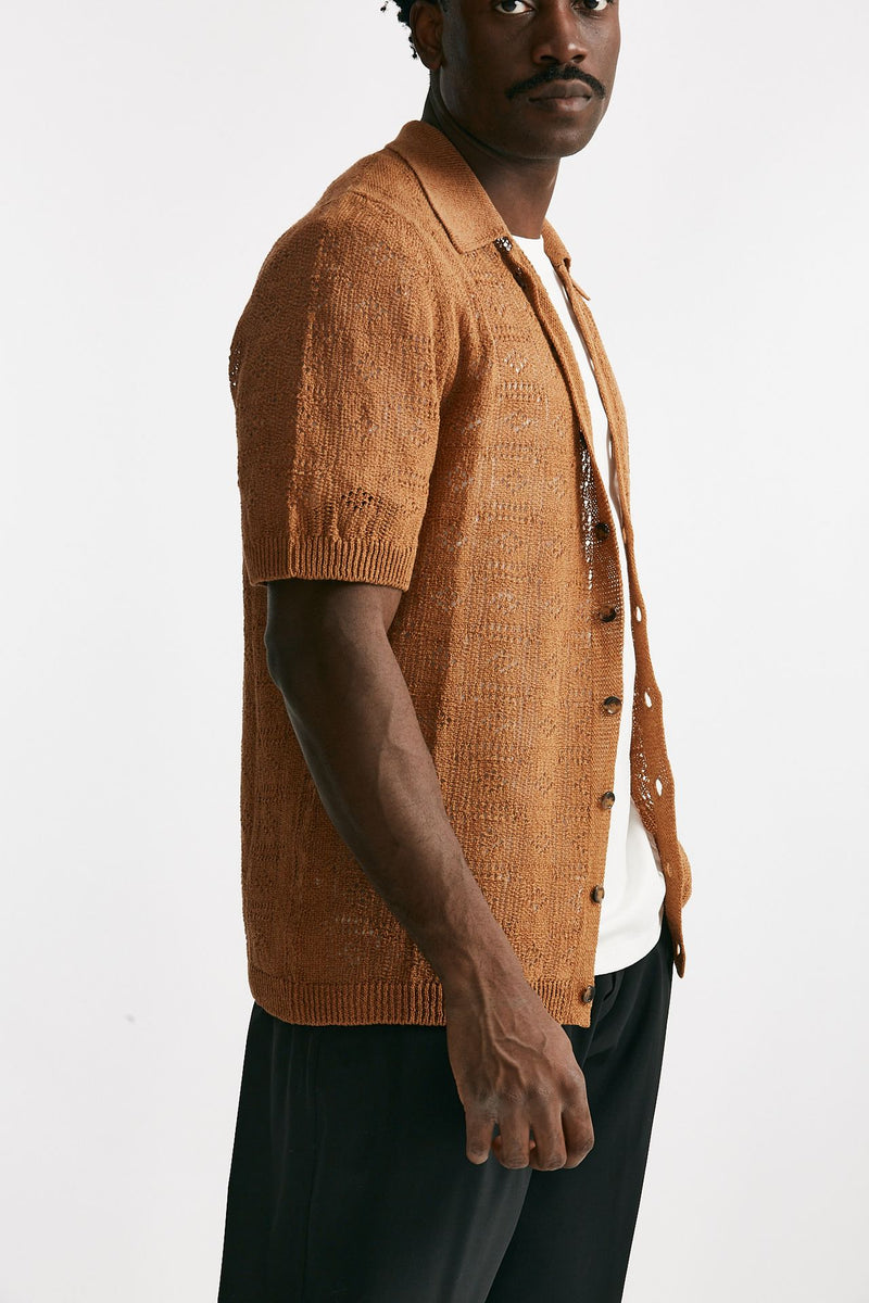 polo camicia traforata in cotone e lino ocra men Laneus - 4