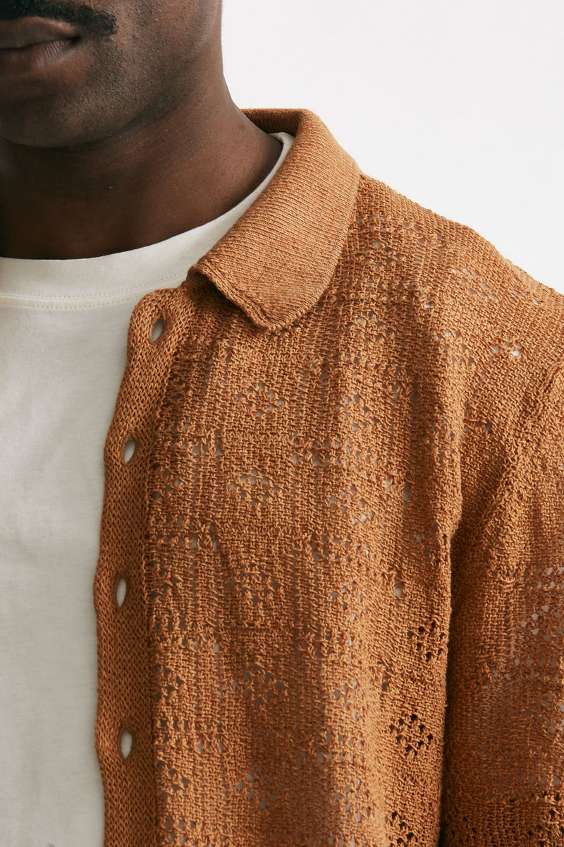 polo camicia traforata in cotone e lino ocra men Laneus - 5
