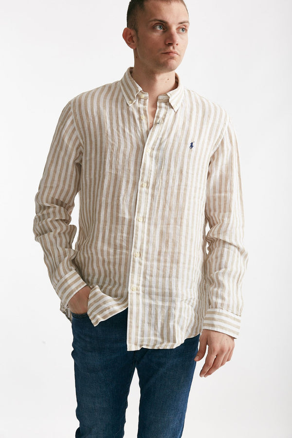 camicia in lino rigato bianco e beige men Polo ralph lauren