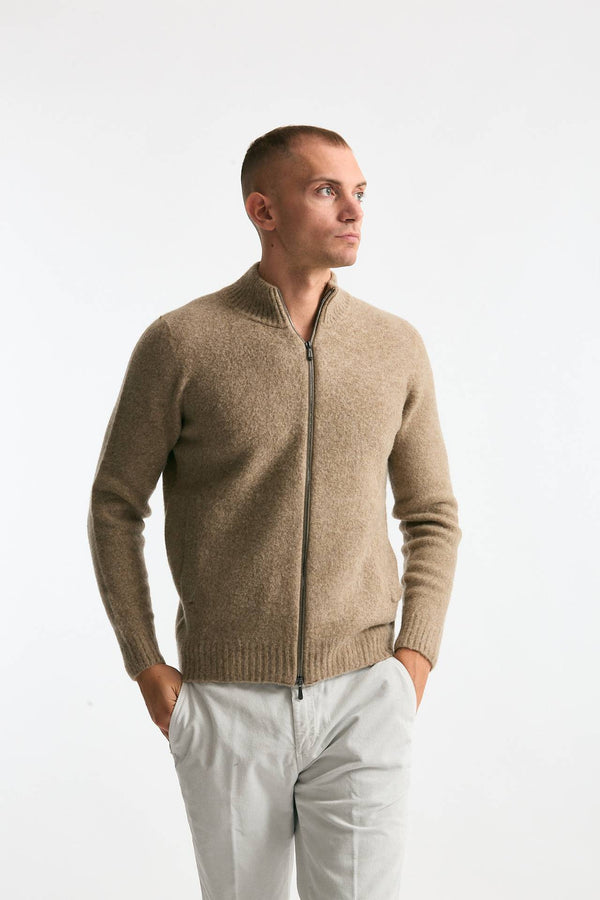 Maglia in lambswool beige full zip men Drumohr