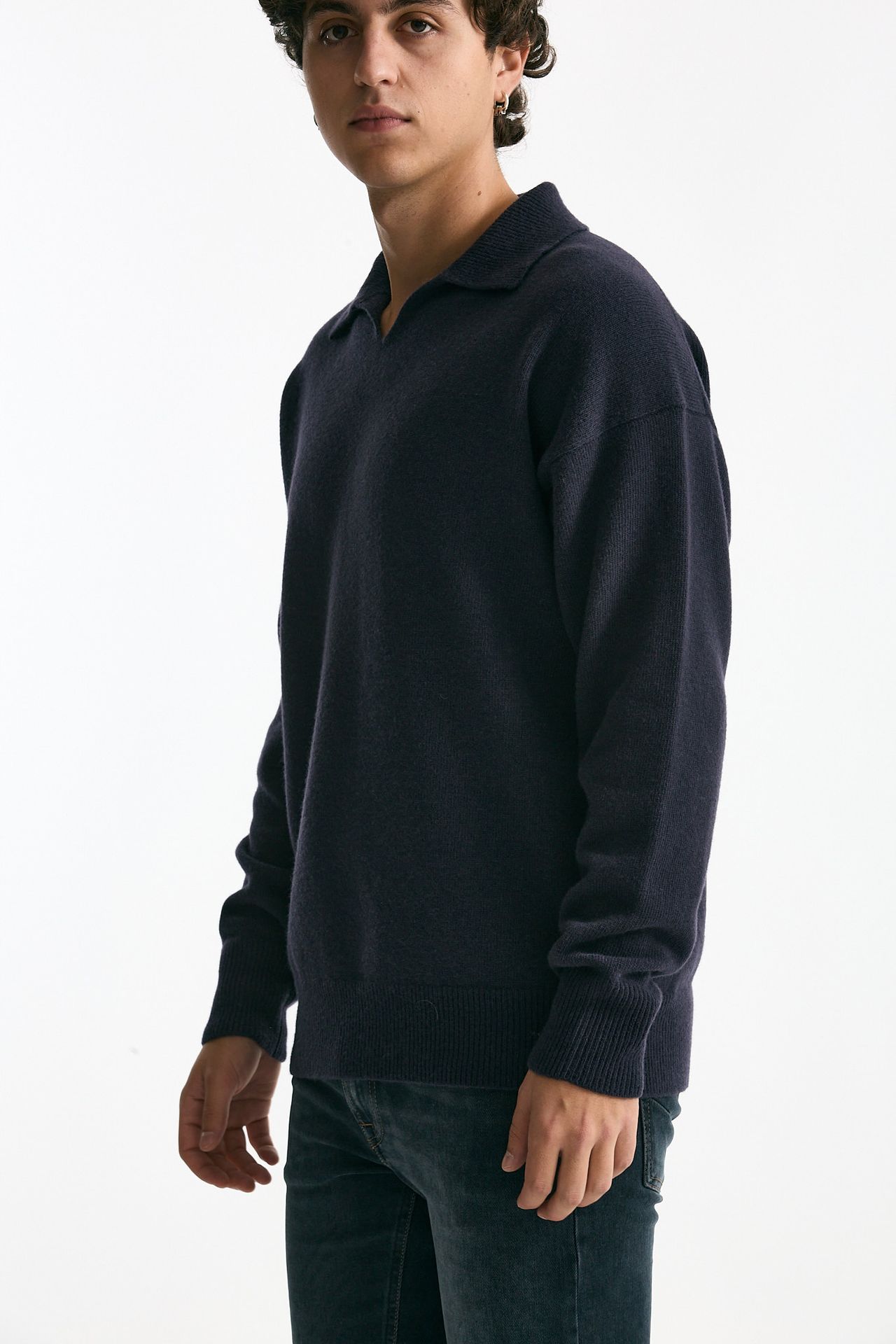 Polo in lana scollo a V blu men Grifoni - 4