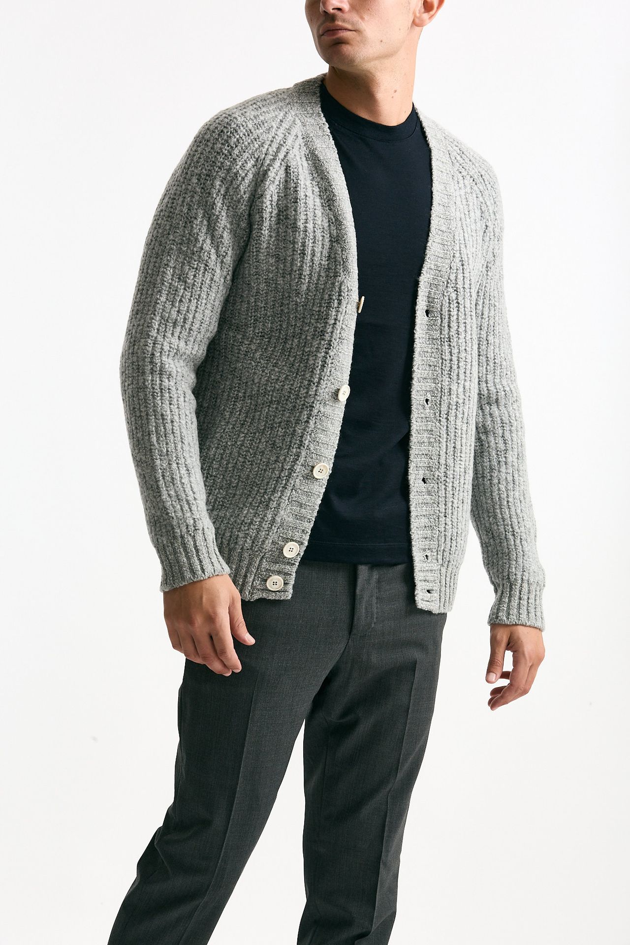 Cardigan a coste in lana grigio chiaro men Zanone - 4