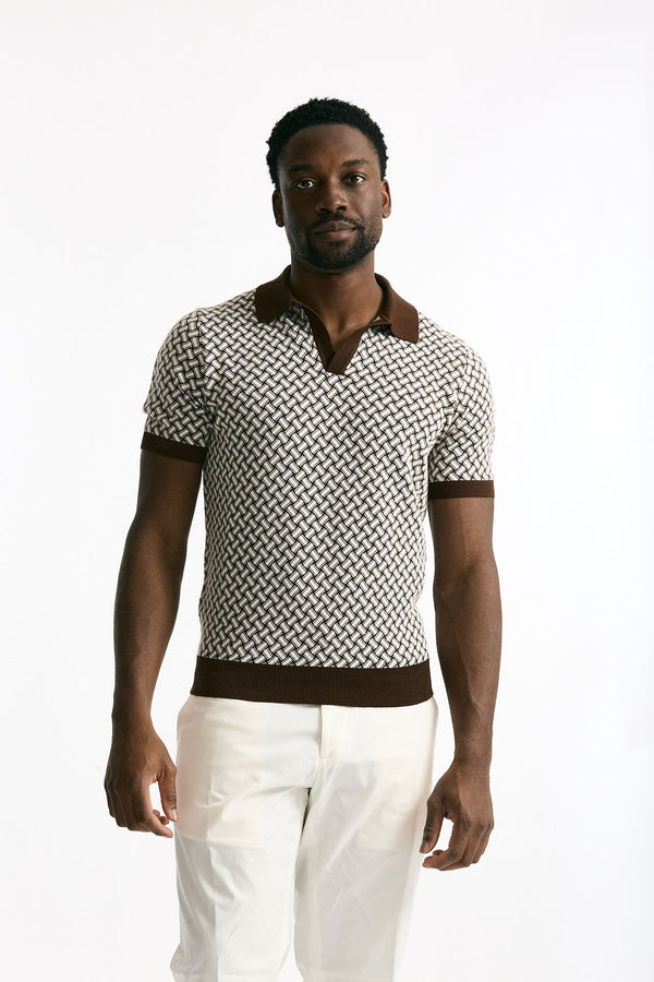 Polo in cotone e lino fantasia bianco e moro men Drumohr