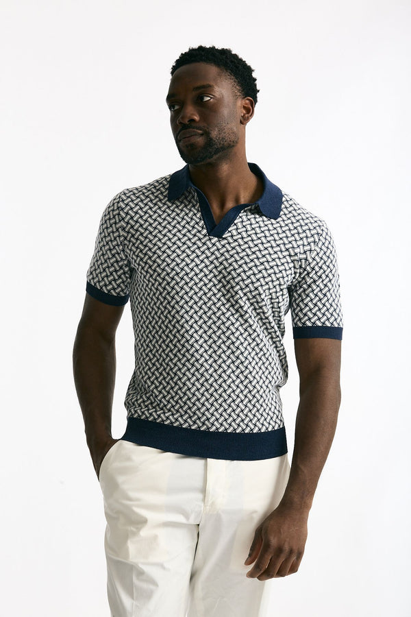 Polo in cotone e lino fantasia bianco e blu men Drumohr