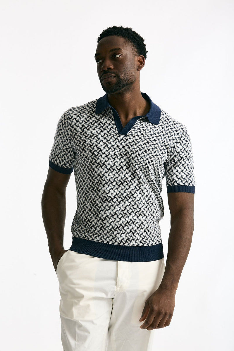 Polo in cotone e lino fantasia bianco e blu men Drumohr - 1