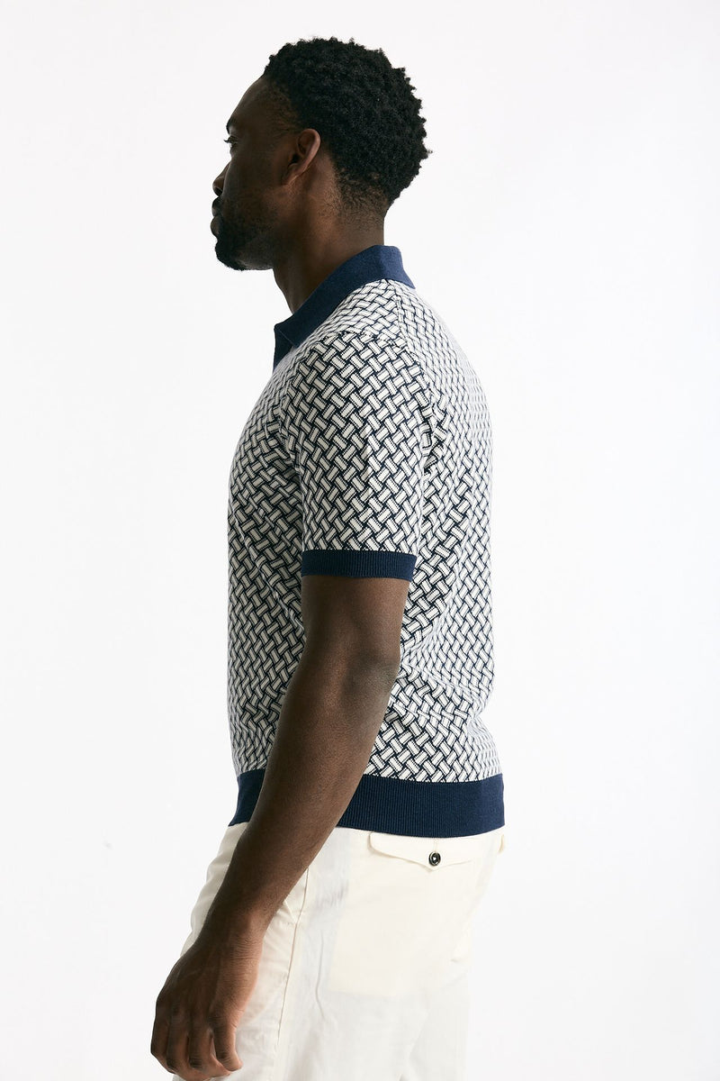 Polo in cotone e lino fantasia bianco e blu men Drumohr - 2