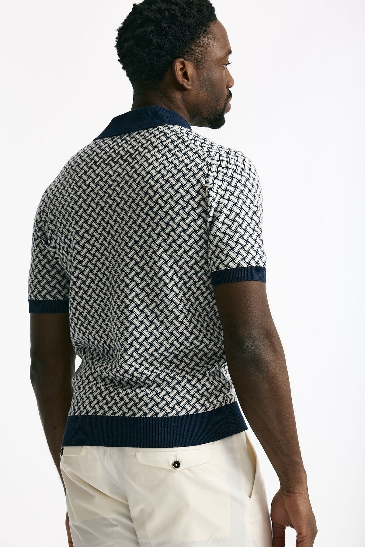 Polo in cotone e lino fantasia bianco e blu men Drumohr - 3