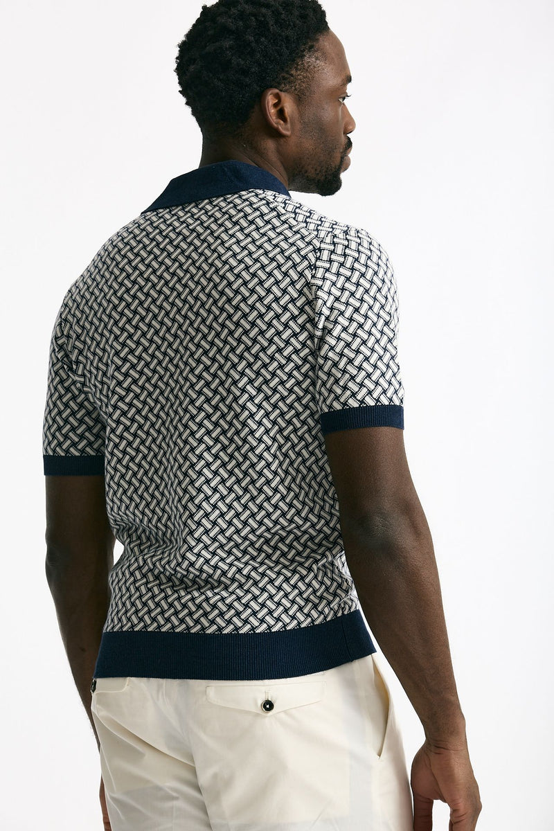 Polo in cotone e lino fantasia bianco e blu men Drumohr - 3