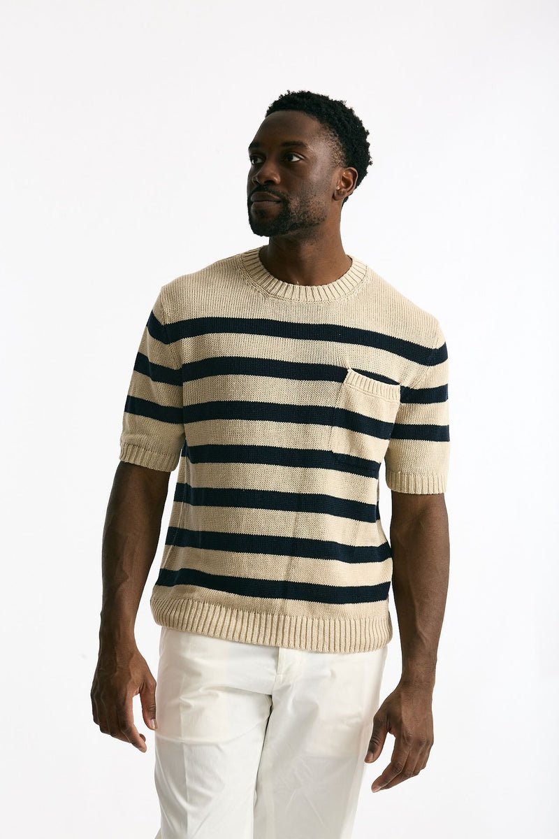 T-shirt in lino rigata beige e blu men Hosio - 1
