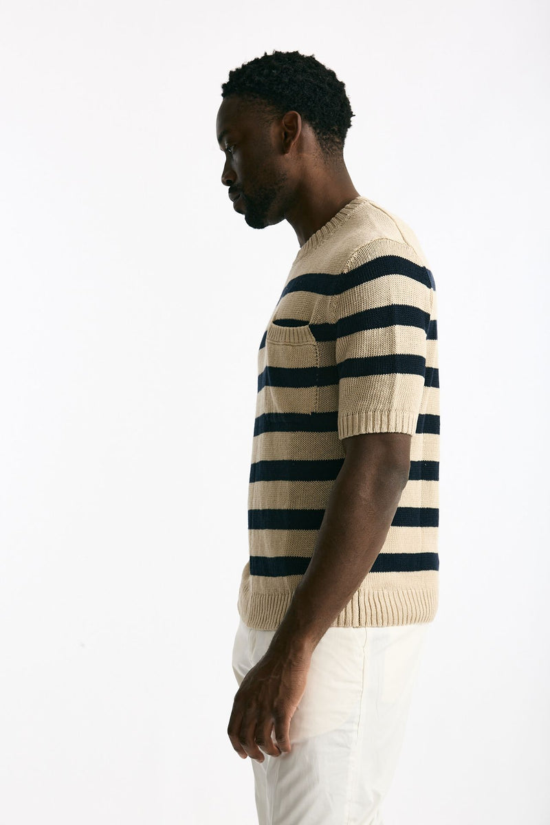 T-shirt in lino rigata beige e blu men Hosio - 2