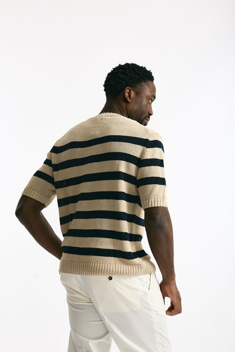 T-shirt in lino rigata beige e blu men Hosio - 3