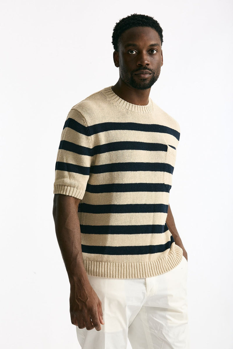 T-shirt in lino rigata beige e blu men Hosio - 4