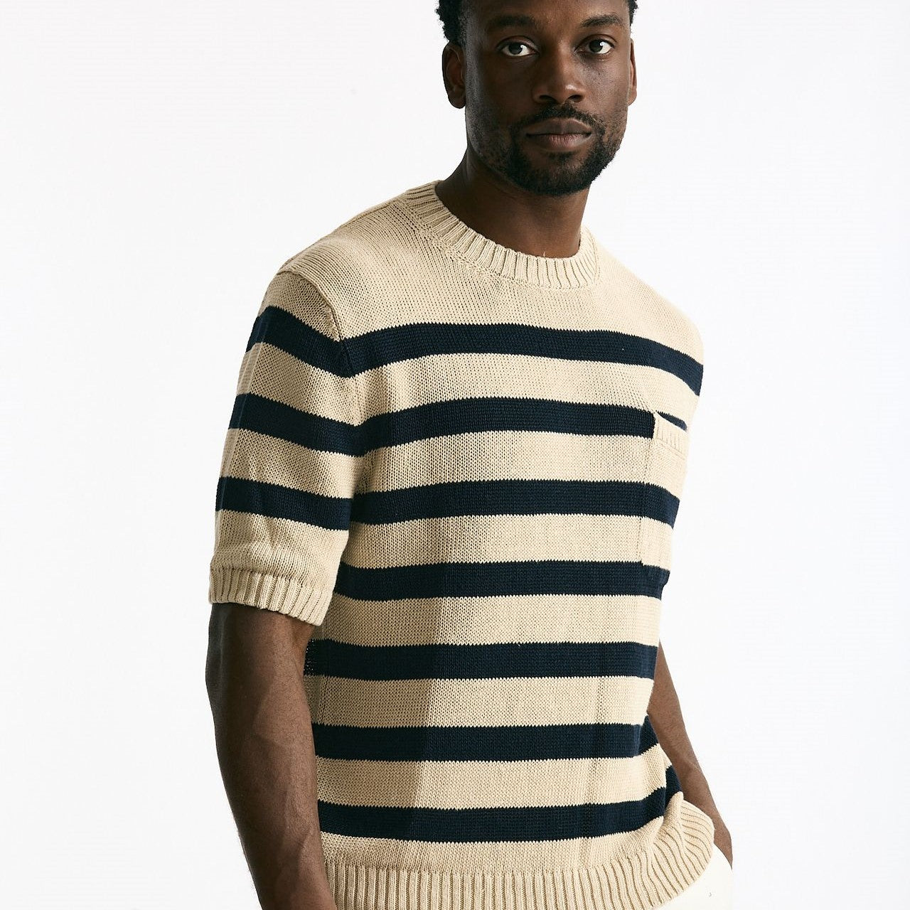 T-shirt in lino rigata beige e blu men Hosio - 6